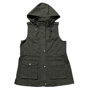 Market & Spruce Olive Green Hooded Utility Vest‎ Women's Size L Military Style